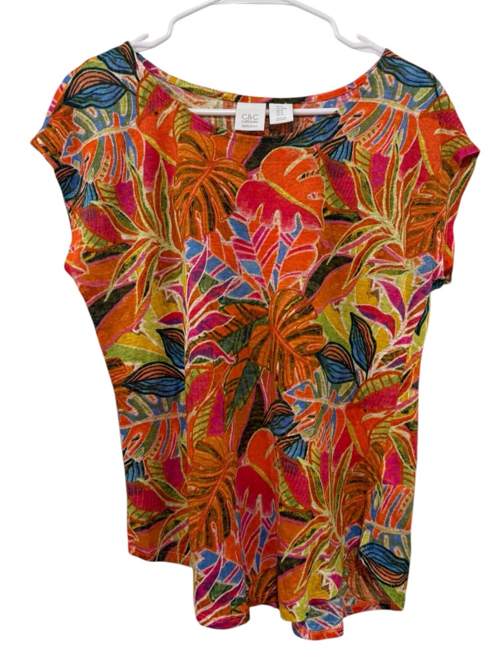 C&C California Tropical Floral Linen Blouse Asymmetrical Relaxed Fit Medium